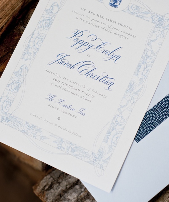 Christa Alexandra Blue and White wedding invitation with Belluccia font