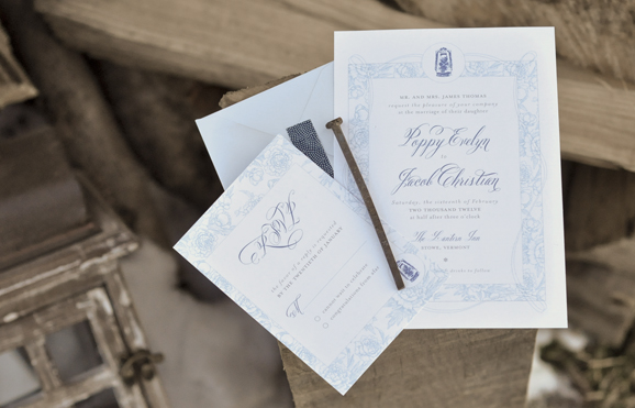 Christa Alexandra Blue and White wedding invitation with Belluccia font